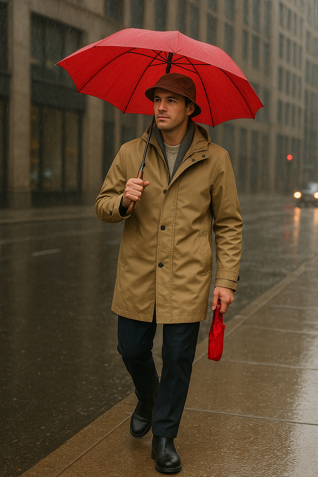 Hombre bajo la lluvia con paraguas rojo