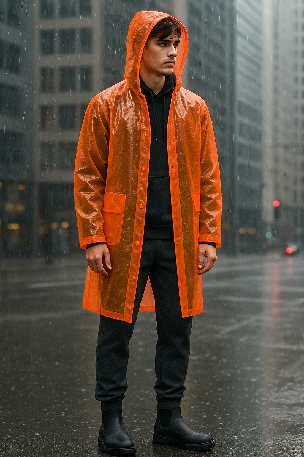 Hombre bajo la lluvia en la ciudad