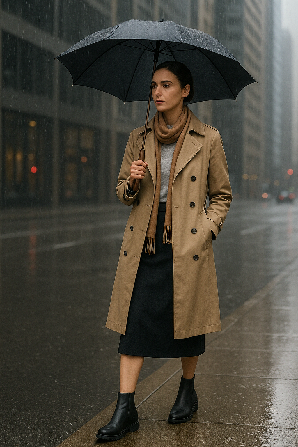 Mujer en la lluvia urbana